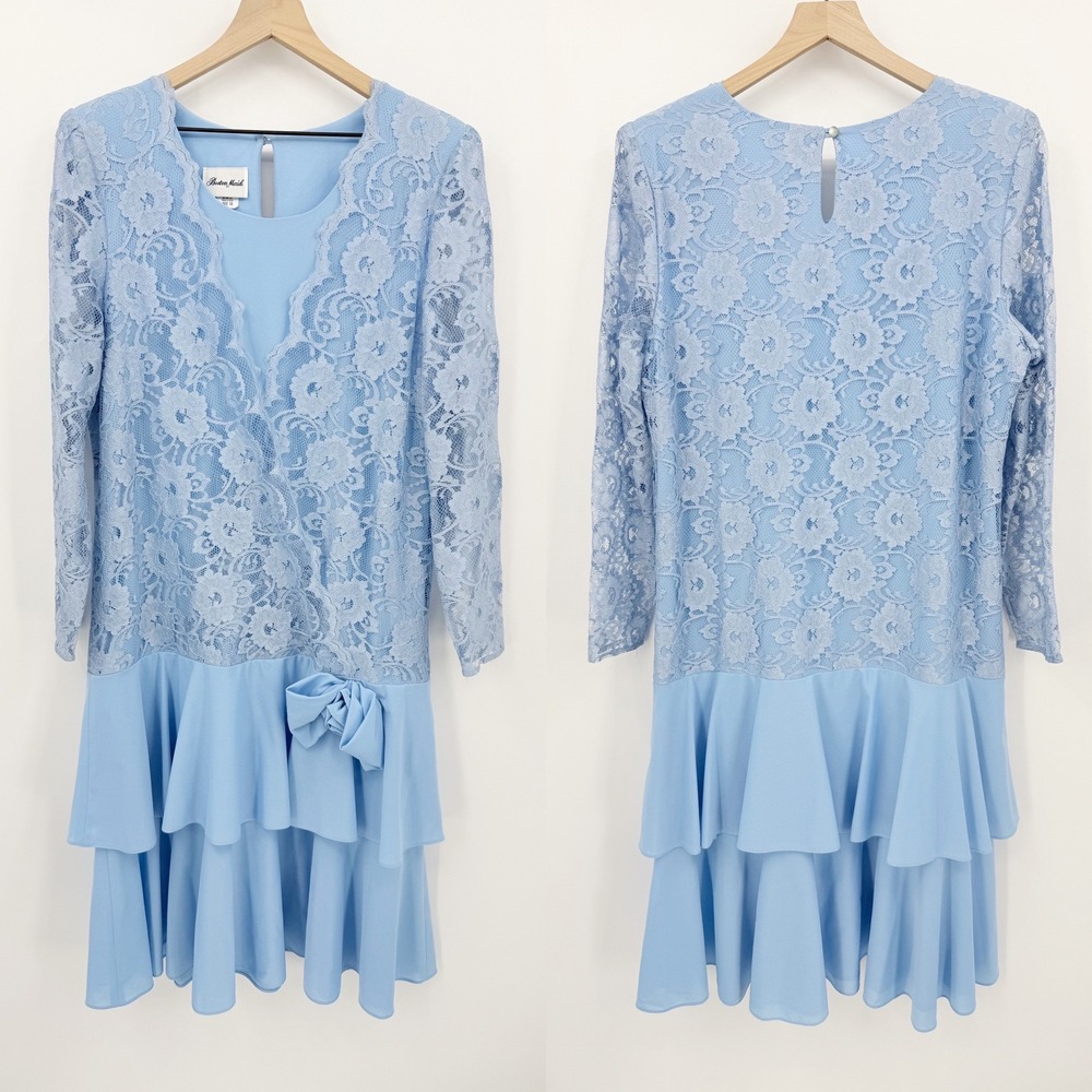 Boston Maid Vintage Lace Ruffle Drop Waist Dress Blue Long Sleeve 18 Cottagecore